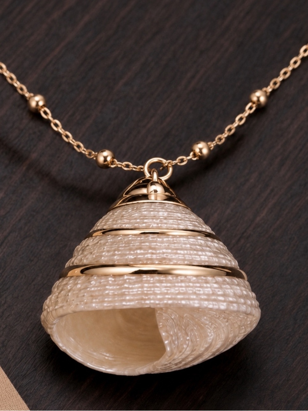 “Trochus” Troca Cone Snail Pearlescent Spiral Gold Dipped Shell Mermaid Necklace - Picture 6 of 6